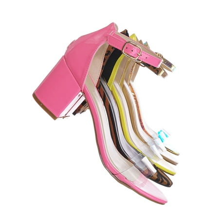 

Highlight74 by Bamboo Clear Lucite Low Block Heel Sandal - Two Piece Ankle Strap Shoes