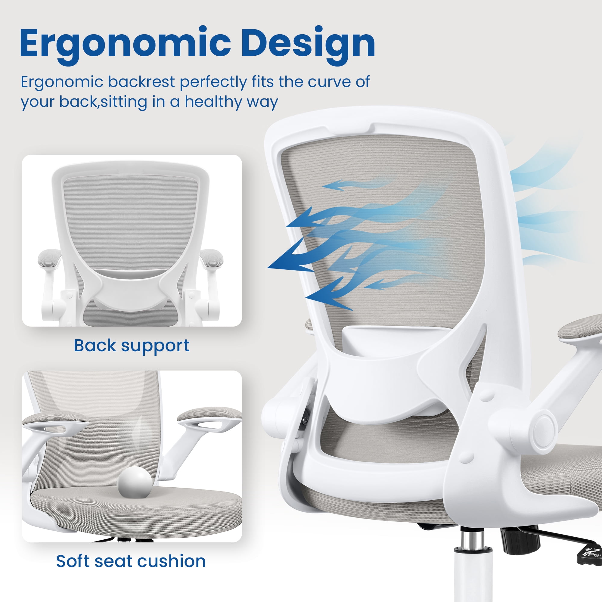 COOLHUT Office Chair, Ergonomic Office Chair, Comfort Home Office Task Chair, Lumbar Support Computer Chair with Flip-up Arms and Adjustable Height, 350LBS, Light Gray
