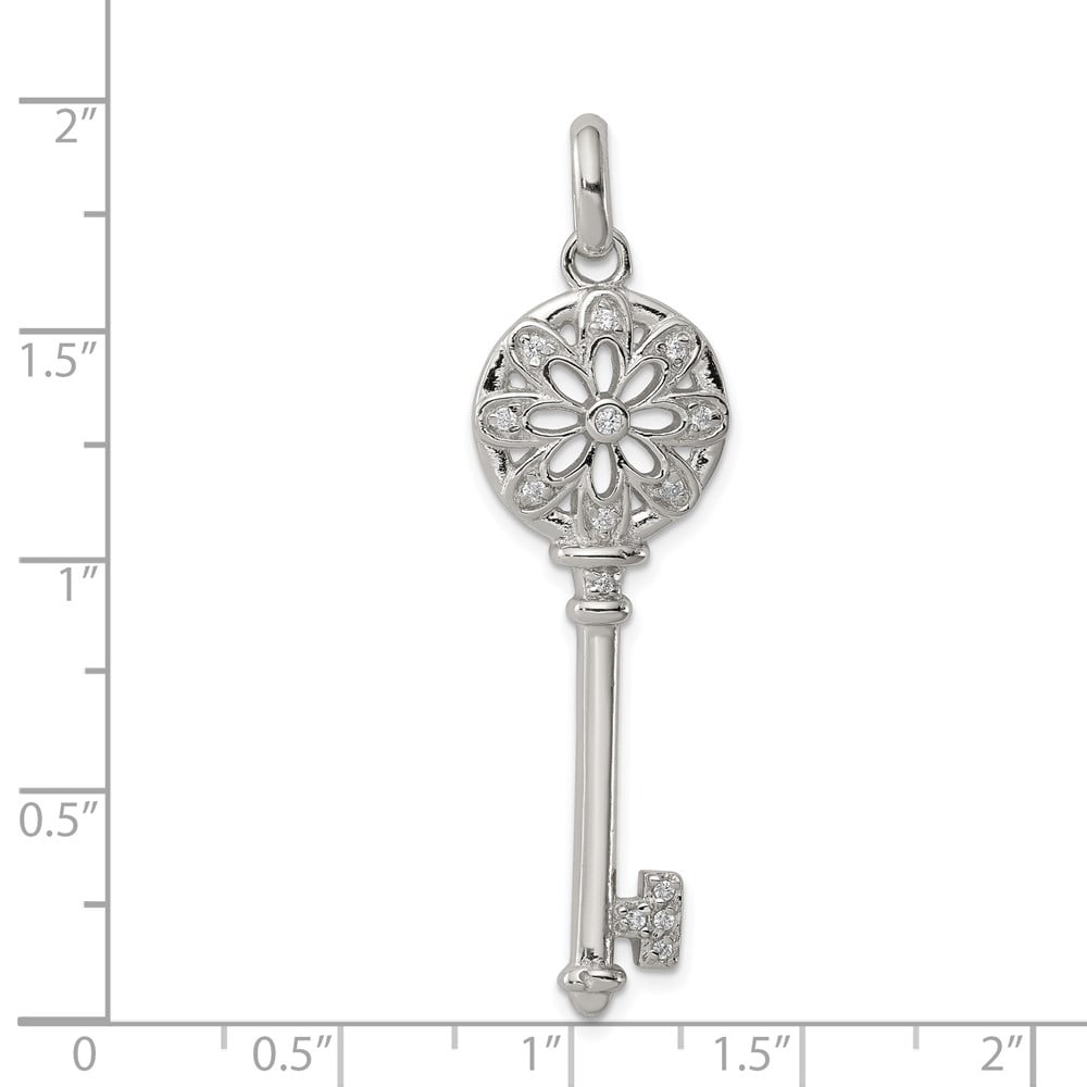 14mm x 49mm Solid 925 Sterling Silver CZ Cubic Zirconia Heart Key Pendant 