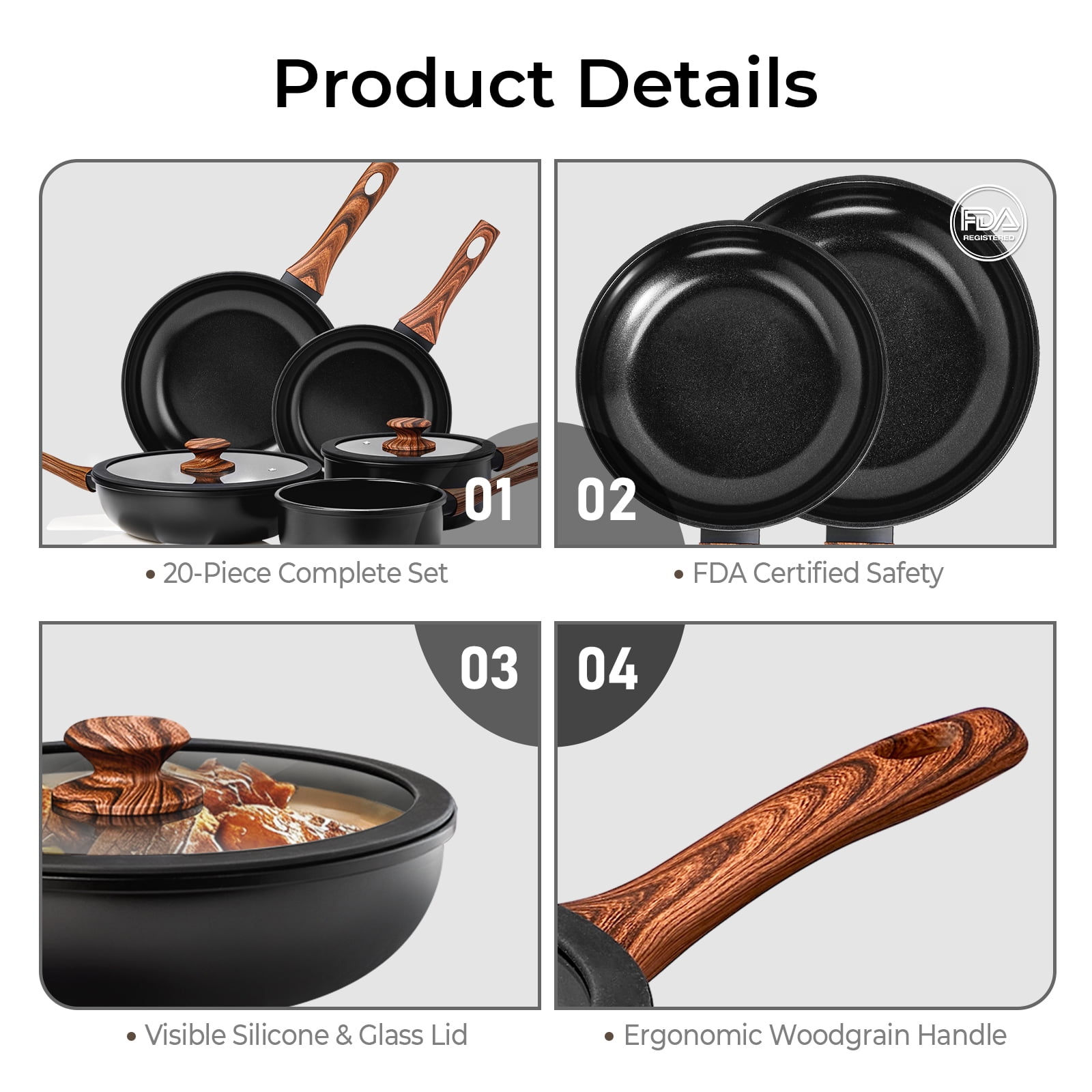 Ktaxon 20pcs Nonstick Cookware Set with Woodgrain Handle, 6 Pots and Pans Set Aluminum Kitchen Cooking Set, Induction Safe, Black