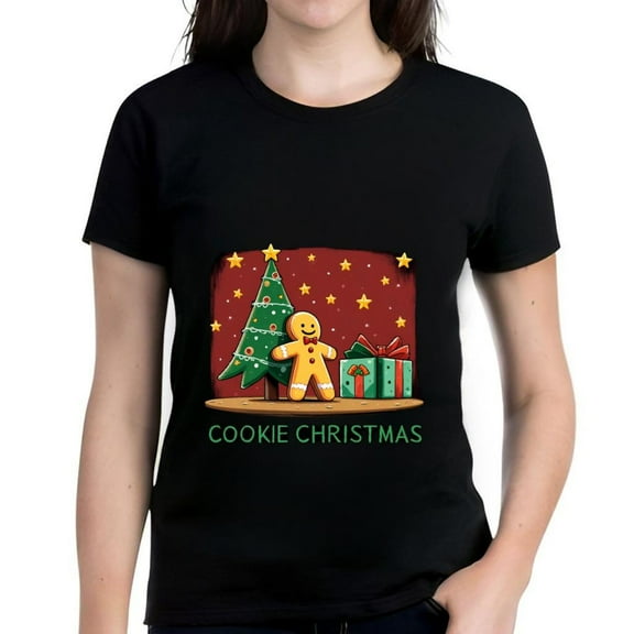 Funny Cookie Christmas T-Shirt for Men & Women - Gingerbread Man Christmas Tree & Gift Design on Black Cotton Short Sleeve Tee