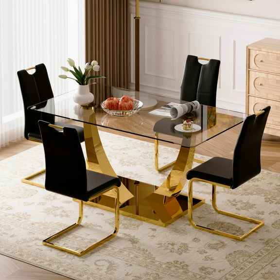 Sumdeal 63" Glass Dining Table with PU leather C-shape Metal Leg Chairs,Dining Furniture sets for Dining Room,Modern Dining Table sets for 4-6 people