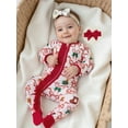thumbnail image 6 of Qmyliery Newborn Girl Christmas Romper Bow Print Long Sleeve Zip Up Round Neck Footed Jumpsuit with Headband, 6 of 8