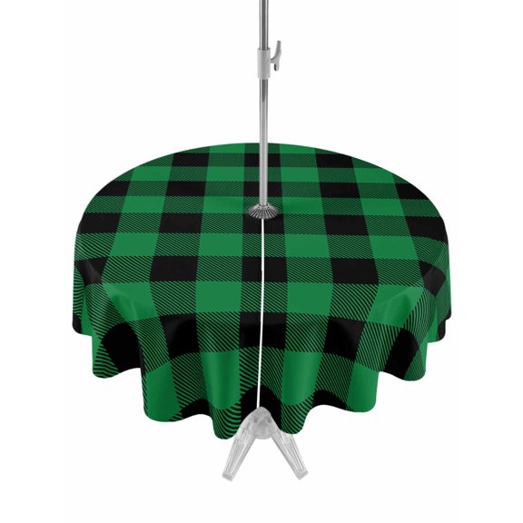 Outdoor Tablecloth with Umbrella Hole and Zipper, Retro Farm Rural Round Waterproof Table Cover 60in Washable Table Cloth for Patio Picnic Party Green and Black Plaid