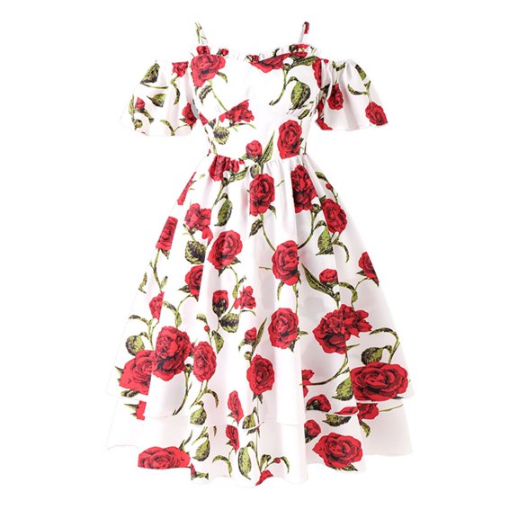 Glisme Fashion Girls Dresses Size 9-10 Y Summer French Style Rose Print Spaghetti Strap Off Shoulder Tiered Dress Red Sundress For Girl