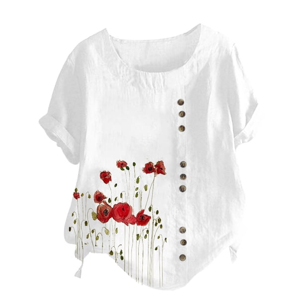 Tops de Mujer Blusas Casuales Elegantes Camisas de Manga Corta Cuello Redondo Impreso Botón Suelto Túnica Camisa Blusa Odeerbi ODB155697