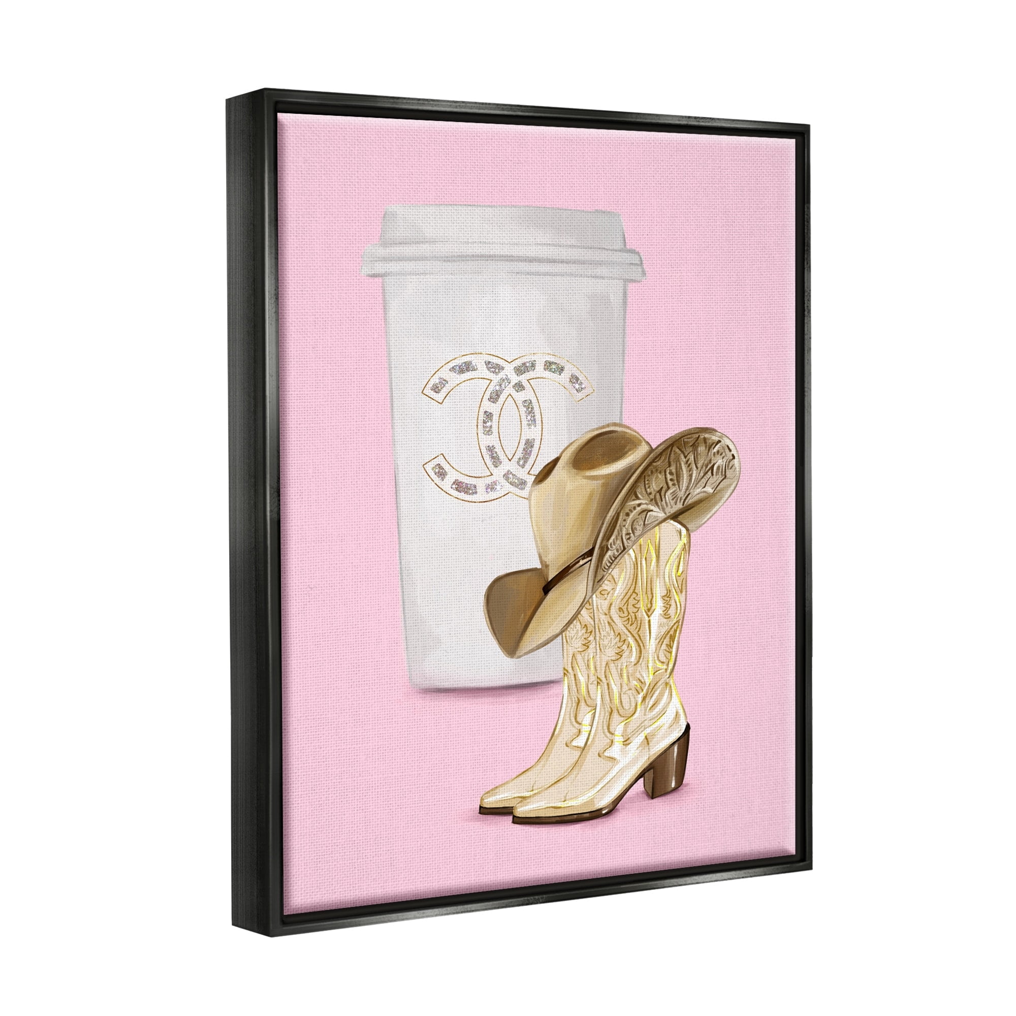 Stupell Industries Pink Glam Cowgirl Boots & Coffee Beauty & Fashion Painting Black Floater Framed Art Print Wall Art