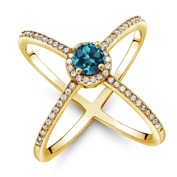 Gem Stone King 1.52 Ct Round London Blue Topaz 18K Yellow Gold Plated Silver Criss Cross X Ring (Size 5)