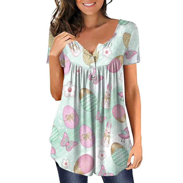 Fvwitlyh Chemises de Sport pour les Femmes Chemise pour les Femmes Approprié Pâques Chemises d'Impression Col Rond Manches Courtes Tee Tops Tunique Blouse Bleu Ciel, S