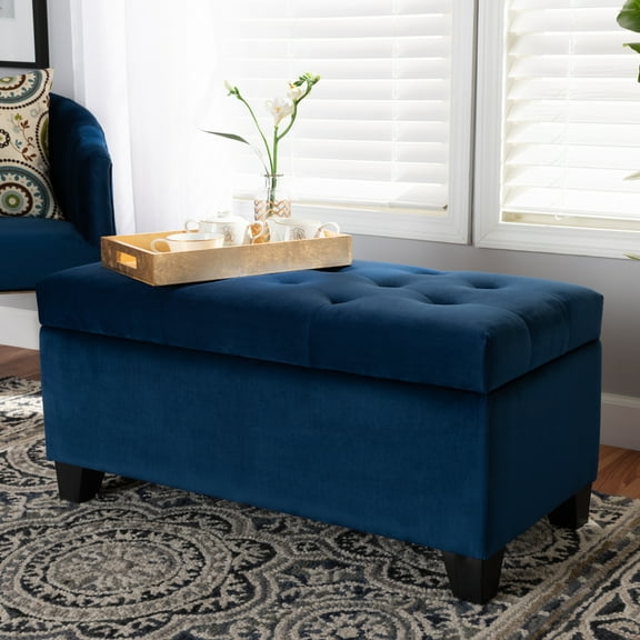Velvet Storage Ottoman - Navy Blue Upholstered Bench with Hidden Storage - Modern Footrest & Seating