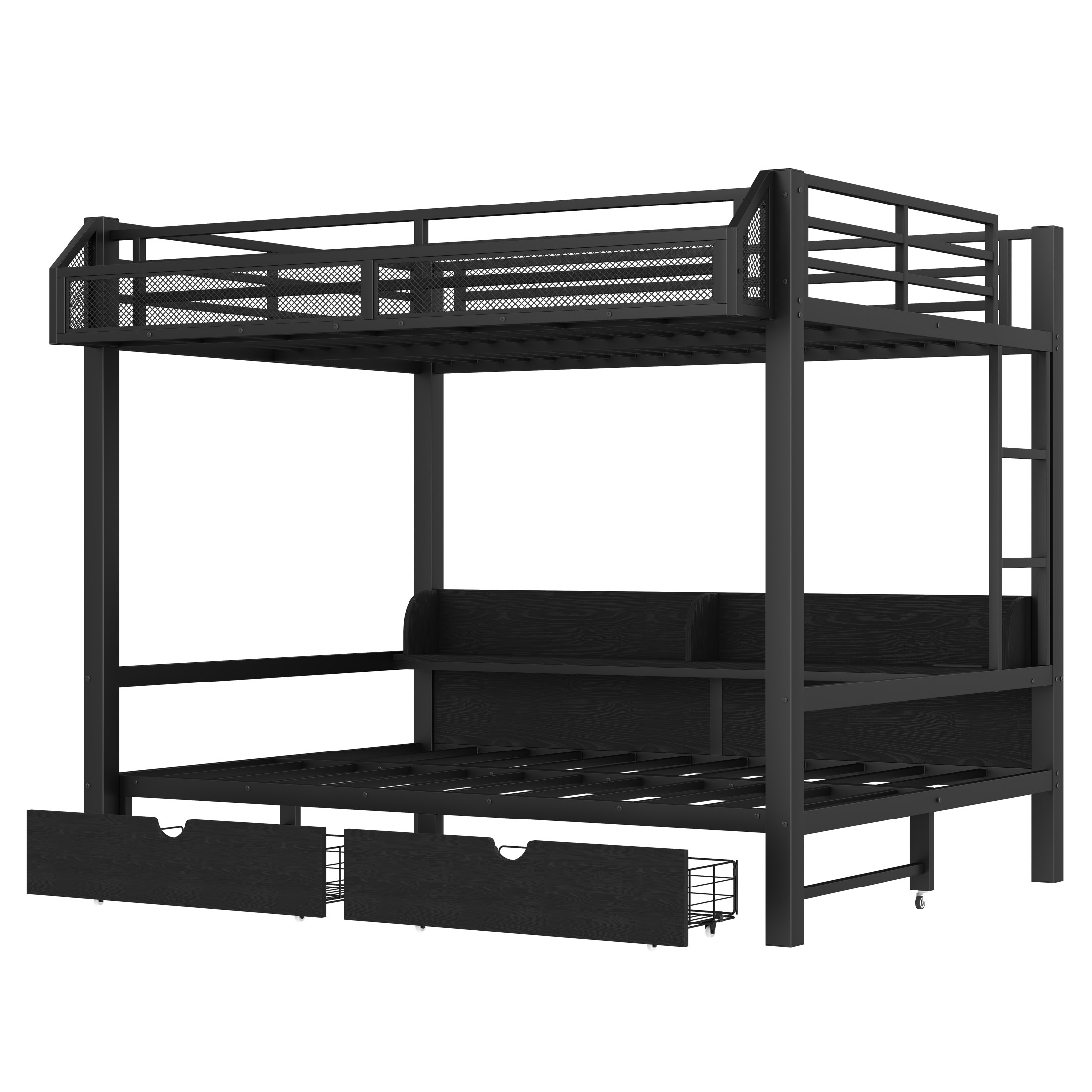 Aukfa Queen over Queen Metal Bunk Bed with Storage Drawers, Shelves, USB Ports & LED Lights, Convertible Bottom Sofa Bed, Heavy-Duty Bed Frame for Kids Teens Adults, Black