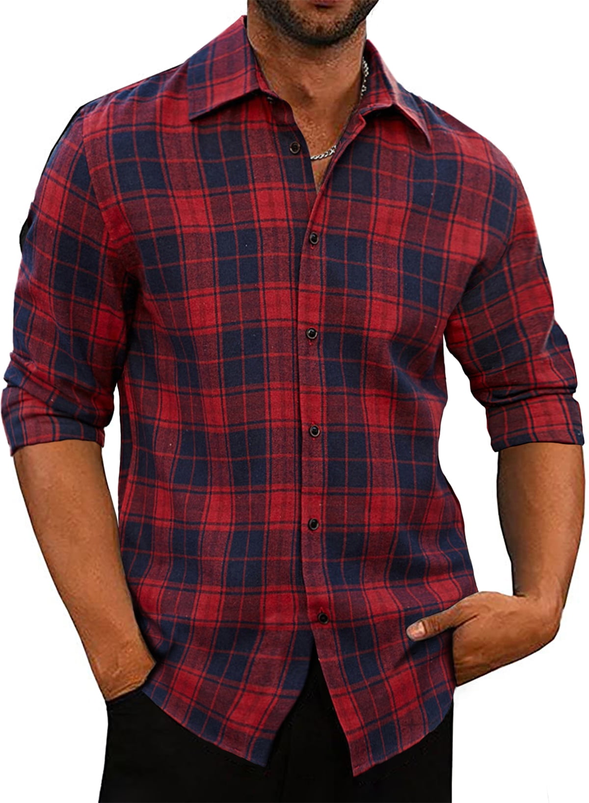 JMIERR Men Long Sleeve Button-Down Plaid Shirts Casual Cotton Flannel ...