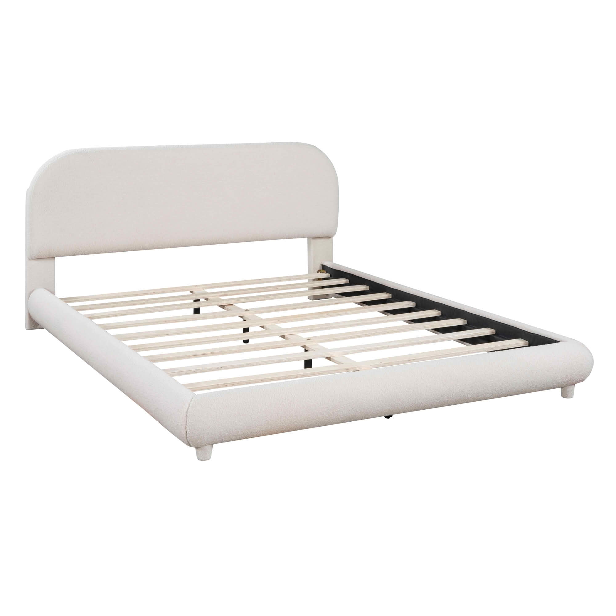 MAYEERTY Teddy Fleece Upholstered Platform Bed with Curved Design, Sturdy MDF Frame & Easy Assembly