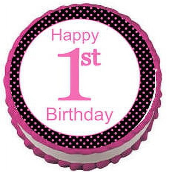 1st Birthday Edible Frosting Photo Cake Decoration Cake Topper - Pink and Black Polka Dot