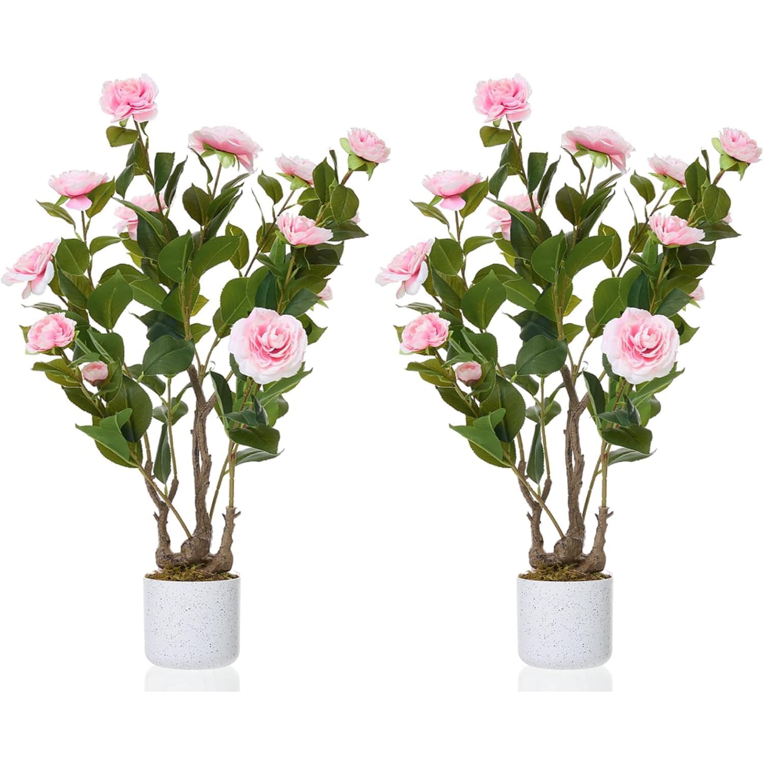 Lifelike Artificial Camellia Tree in Pot - 2 Packs Realistic Faux Flowers with White Planter, Fake Plant for Home Office Decor, Wedding Centerpiece Gift, Pink