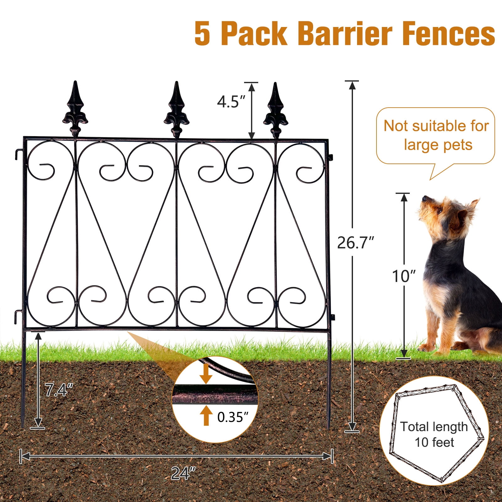 Kinbor 5 Panels Decorative Garden Fence Border Metal Garden Fencing Animal Barrier for Dogs Flower Edging for Yard, Black Gold