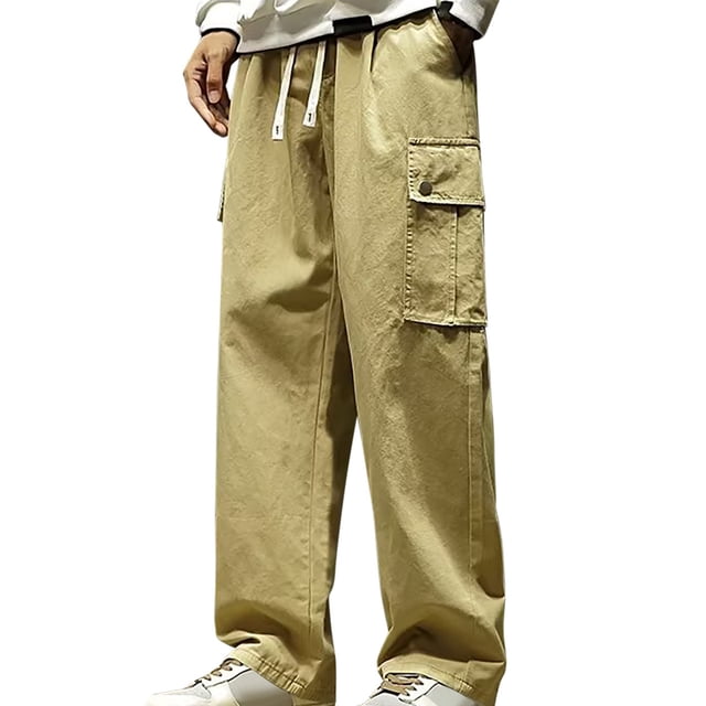 Mens Pants Mens Fashion Drawstring Elastic Waist Multi-Pocket Casual Sweat Length Pants