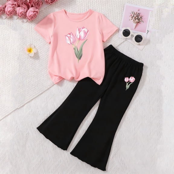 ITSAME Girls Outfit Sets, Flower Print Crewneck Short Sleeve Top and Flared Elastic Waist Pants Casual Comfortable Sets 2-Piece Pink 4-5T
