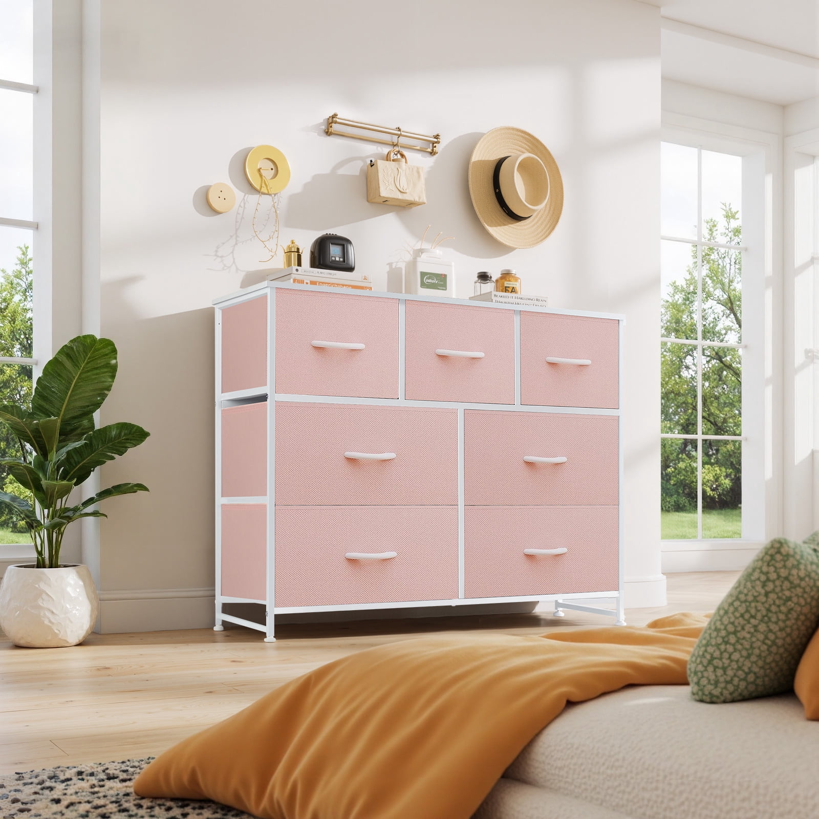Dresser, Betcozy Storage Organizer with 7 Drawers for Bedroom, Chest of Drawers with Fabric Bins, Sturdy Metal Frame, Wood Tabletop for Guest Room, Closet, Entryway, Nursery, Pink