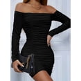 thumbnail image 6 of Women'S Off the Shoulder Long Sleeve Ruched Bodycon Dress Bustier Wrap Mini Dress Black XL, 6 of 9