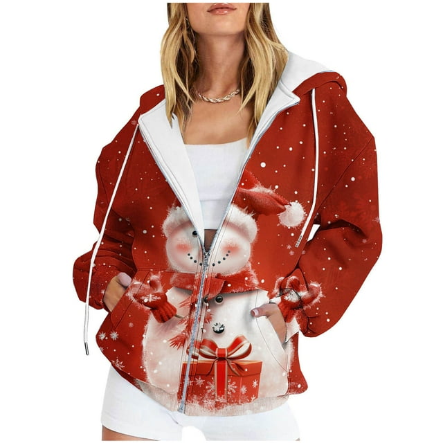 Sudadera con capucha y manga larga para mujer, informal, con capucha, con estampado navideño, bolsillo, cremallera, manga larga, sudadera con capucha, sudadera de poliéster para mujer