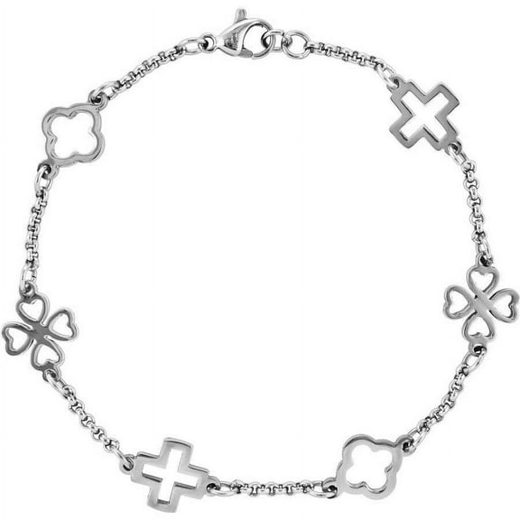 Primal Steel Stainless Steel Cross and Clovers 7.5in Bracelet