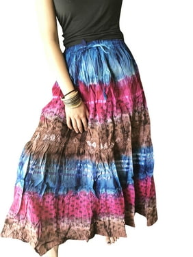 Womens Maxi Skirts Cotton Bohemian Skirts Boho Tie Dye Lightweight Colorful Cotton A-Line Long Skirts