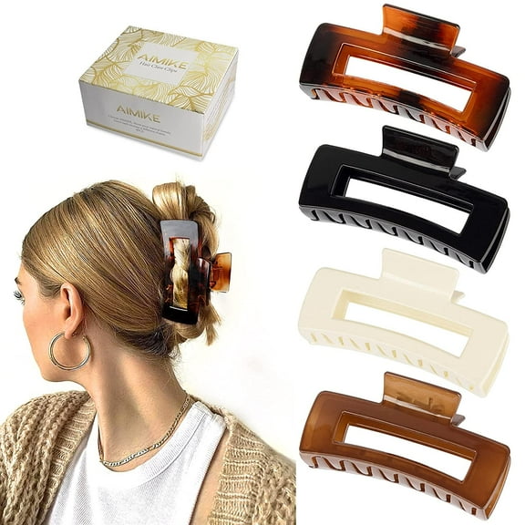 Large Hair Claw Clips 4.1 Inch, Acrylic Claw Hair Clips for Thick Hair, Strong Hold Rectangular Jaw Clips for Thin Hair, French Design Big Hair Clips for Women Girls - Nonslip Clip (4 Pcs)
