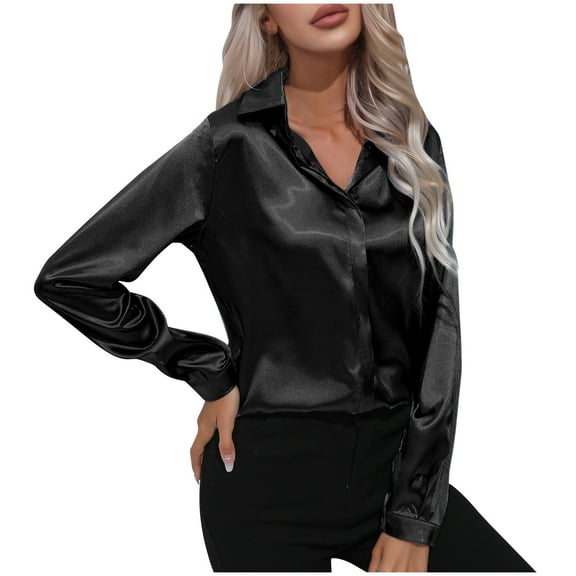 STETMN Silk Satin Top for Women Lightweight Lapel Neck Button Down Blouse Loose Office Work Shirts