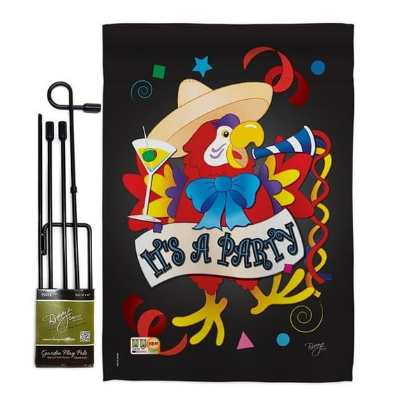 Breeze Decor BD-PC-GS-115040-IP-BO-D-US04-BD 13 x 18.5 in. Its a Party Parrot Special Occasion & Celebration Impressions Decorative Vertical Double Sided Garden Flag Set with Banner Pole