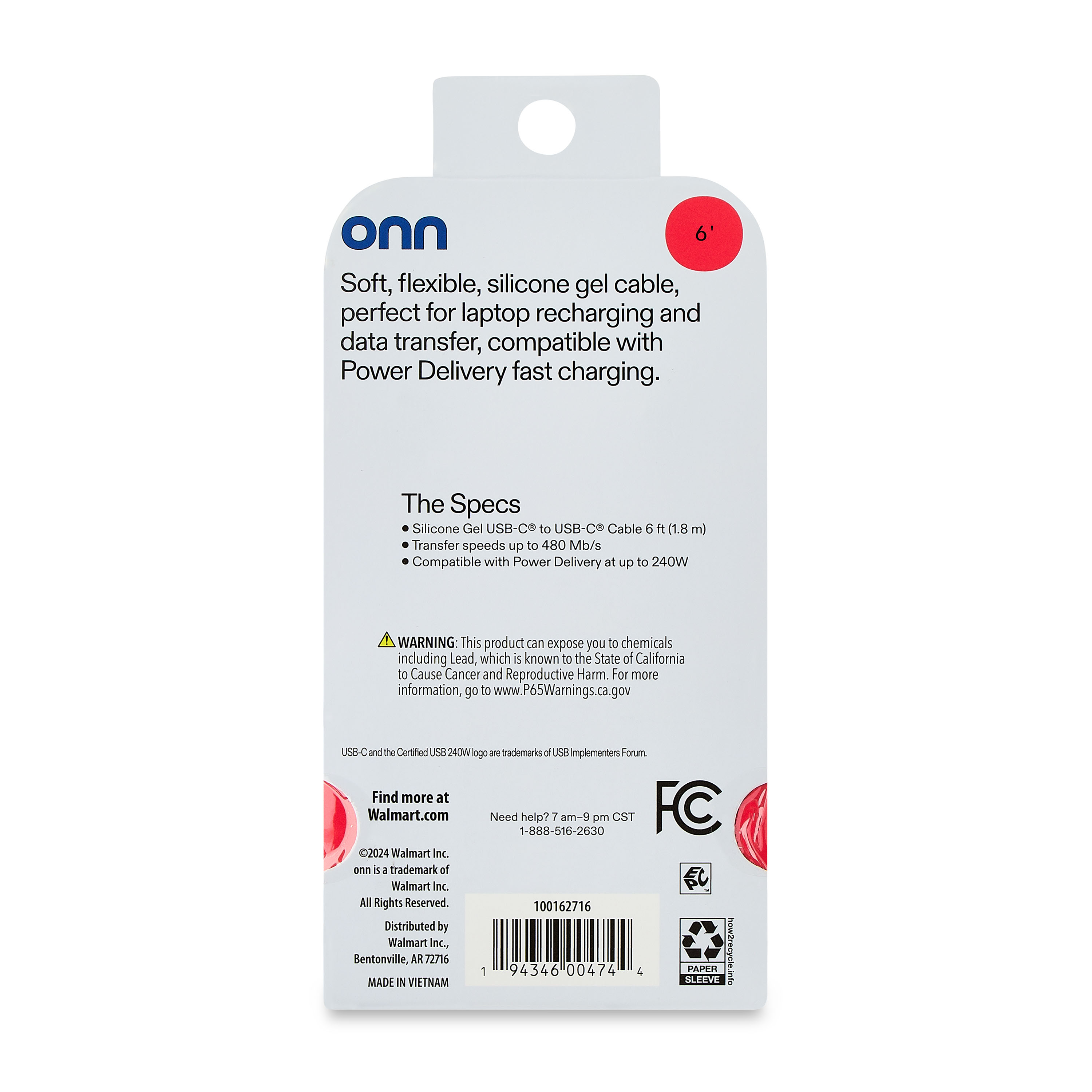 onn USB-C to USB-C Cable 6 ft, Gray photo 3