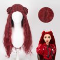 thumbnail image 1 of Nvzi Peluca larga rizada roja para adultos con dos coletas, peluca de cosplay de Descendientes para mujer, color rojo vino., 1 of 3