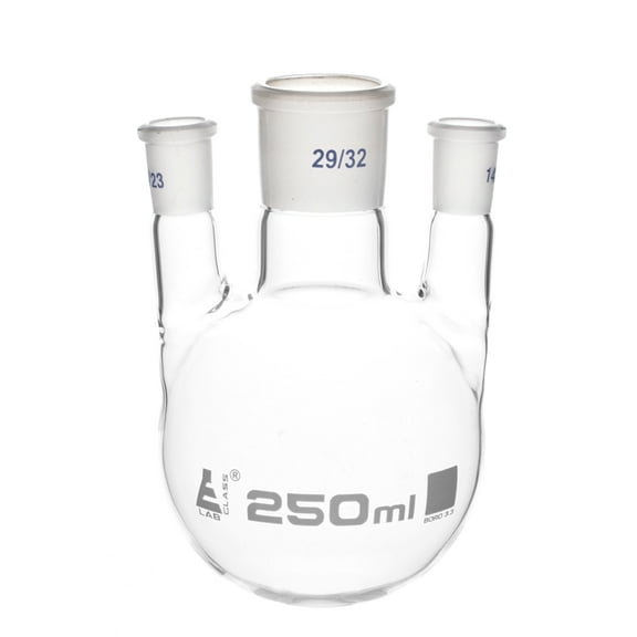 Distillation Flask with 3 Parallel Necks, 250ml Capacity, 29/32 Center Socket, 14/23 Side Sockets, Interchangeable Ground Joints, Borosilicate Glass - Eisco Labs
