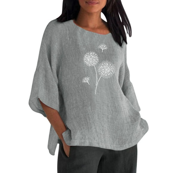 Outfmvch t shirts for women Summer 3 Of 4 Sleeve Crew Neck Floral Printed Loose T Shirts Casual Linen Tunic Tee womens tops Grey