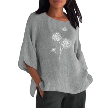 outfmvch t shirts for women summer 3 of 4 sleeve crew neck floral printed loose t shirts casual linen tunic tee womens tops grey