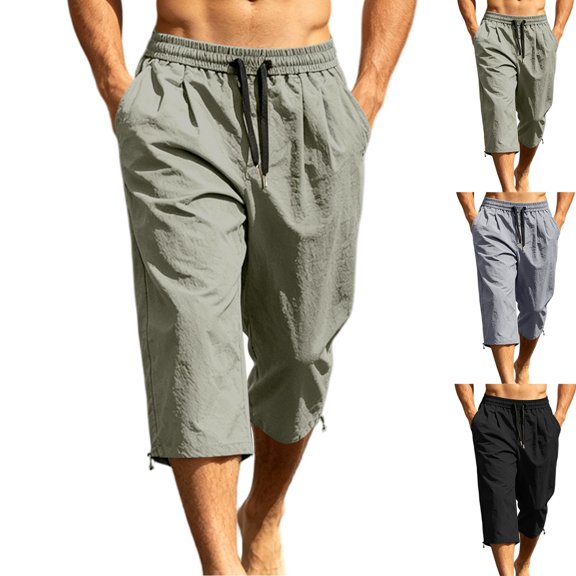 SeCaotees Men’s Capri Casual Pants, Elastic Waist Relaxed Fit Lightweight Breathable Cropped Bottoms with Hand Pockets for Summer Daily Wear Army Green,L