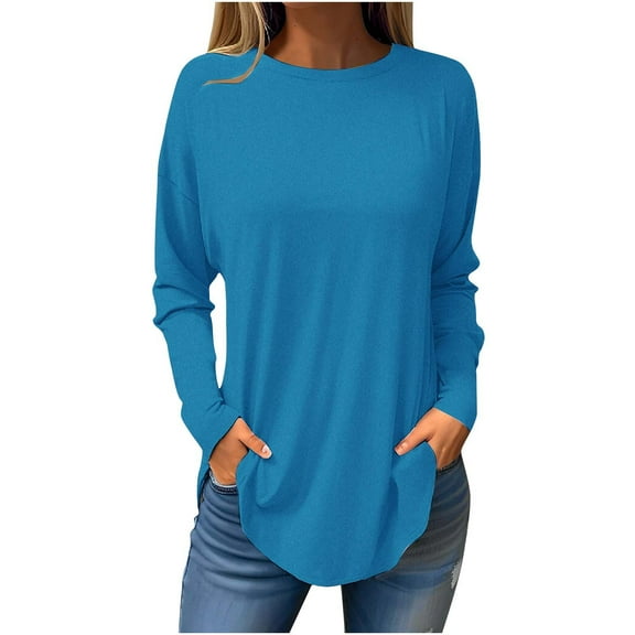 Scyoekwg Womens Lghtweight Casual Dressy Blouses Classic Solid Color Crew Neck Long Sleeve Tshirt Loose Comfy Basic Tops Pullover (Blue,XXXL)