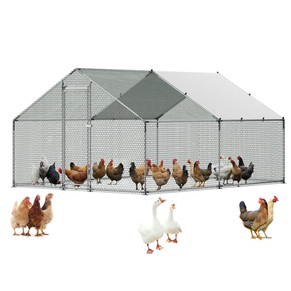VEVOR Large Metal Chicken Coop, 9.8 x 13.1 x 6.6 ft, Walk-in Chicken Runs with Waterproof Cover, Spire Roof Hen House Enclosure with Lock, Outdoor Duck Rabbit Cage Poultry Pen for Backyard, Farm,Yard