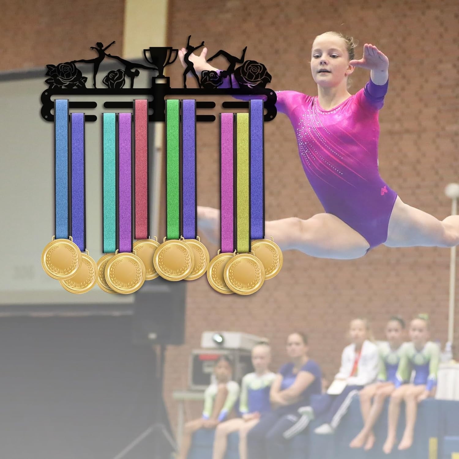 PH Gymnastics Medal Holder Flower Medal Hanger Display Rack Wall Mount Hanger Decor Trophy Shelf Tiered Award Rack Award Ribbon Hanger for Over 50 Medals Easy to Install 15.75 Inch Black