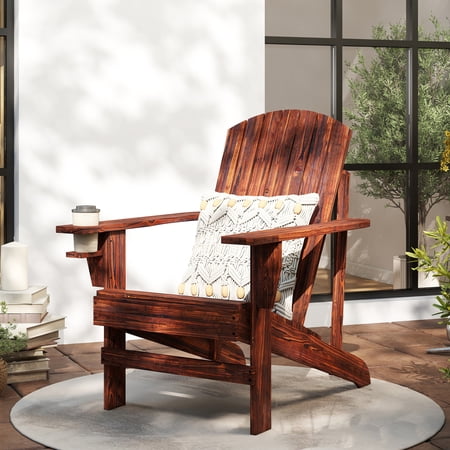 Outsunny Oversized Adirondack Chair Outdoor Fire Pit and Porch Seating Classic Log Lounge w/ Built-in Cupholder for Patio Backyard Brown
