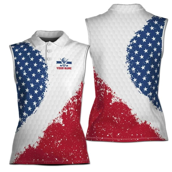 Custom Name American Flag Color Patriotic Golf Player Women Sleeveless Polo XS-4XL