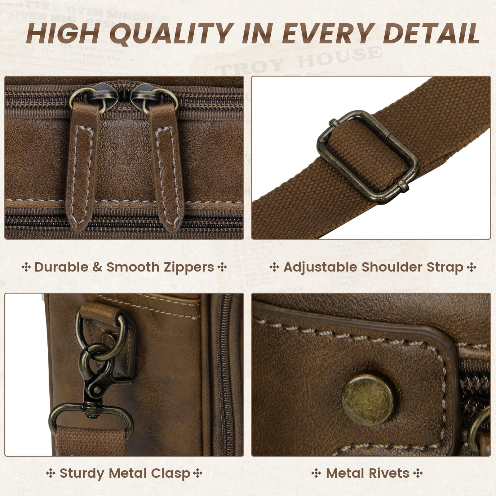 RAINSMORE Mens Laptop Bag 16 Inch Leather Briefcase Vintage Messenger Bag for Men Large Crossbody Shoulder Office Computer Bag Retro College Satchel Bag for Work, Business,Travel,Browm