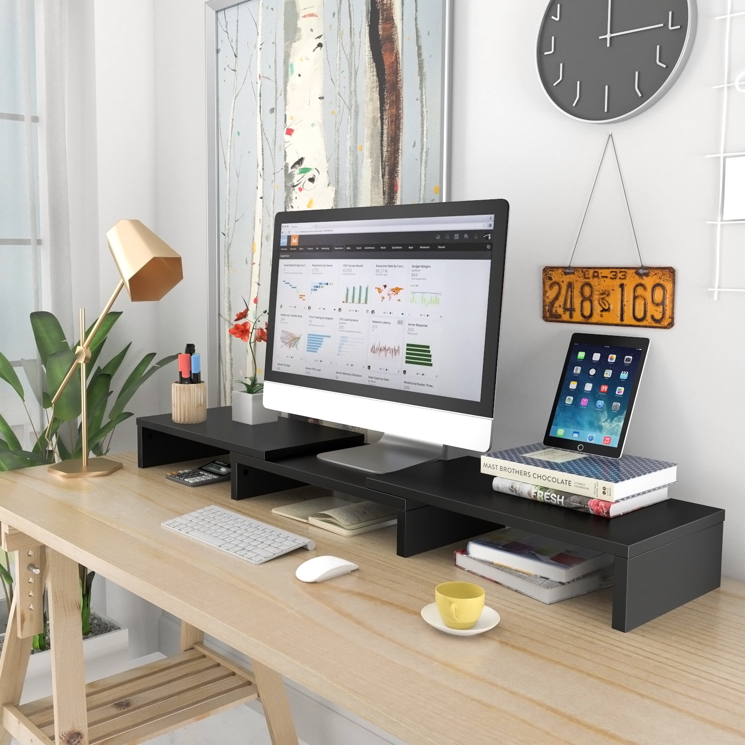 RTVR Dual Monitor Stand Riser Office Desktop Organizer Stand for 2 Monitors, Adjustable Length & Angle 3 Shelf Extra Long for TV Computer Laptop Black