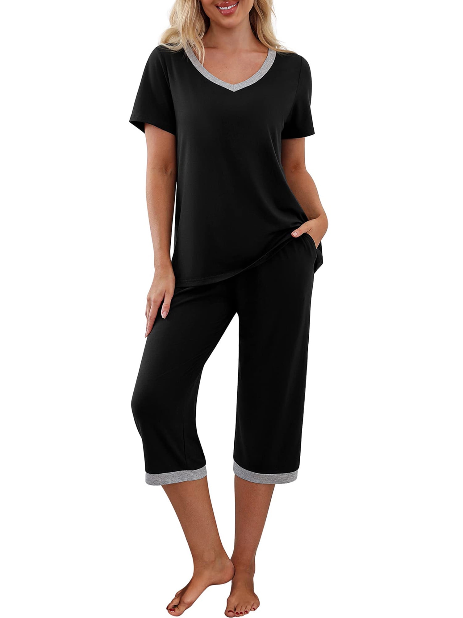 Women's Casual Homewear Summer Pajama Set Short Sleeve V Neck T-shirt ...