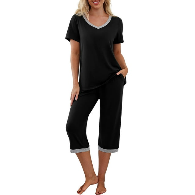 Sunloudy Ensemble de Pyjama pour Femme, T-shirt à Manches Courtes à Col en V et Pantalon Capri, Tenue de Nuit et de Détente, S-TG