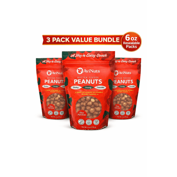 AviNuts Butter Toffee Peanuts, Sweet & Crunchy Toffee Coated Peanuts, 3 pack, 6 oz each (Total 18 oz)
