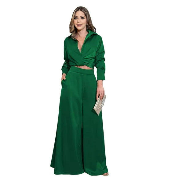 2 Pcs/Set Women Top Pants Suit Low-cut V Neck Turn-down Collar Pleated Short Shirt High Waist Wide Leg Deep Crotch Trousers Dating Commuting Outfit