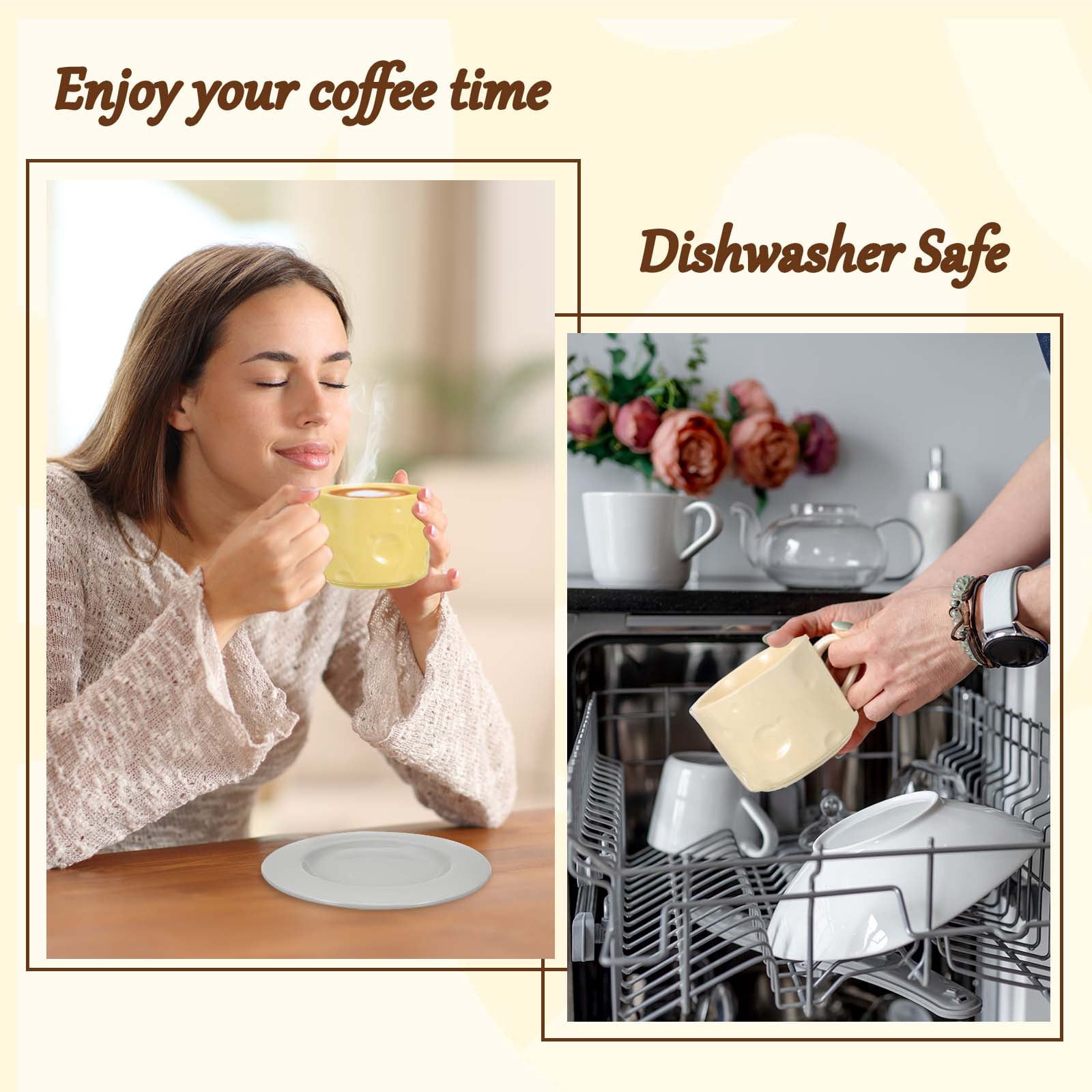 Uxcell 10oz Ceramic Coffee Mugs with Saucer Set, Creative Cute Cup with Handle Unique Irregular Design for Lovers Gift Tea Espresso Latte Kitchen Cafe, Dishwasher White