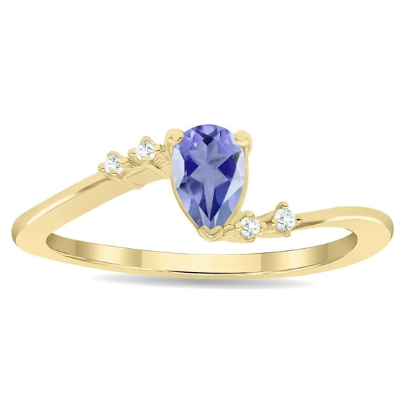 SZUL Women's Pear Shaped Tanzanite and Diamond Wave Ring in 10K Yellow Gold