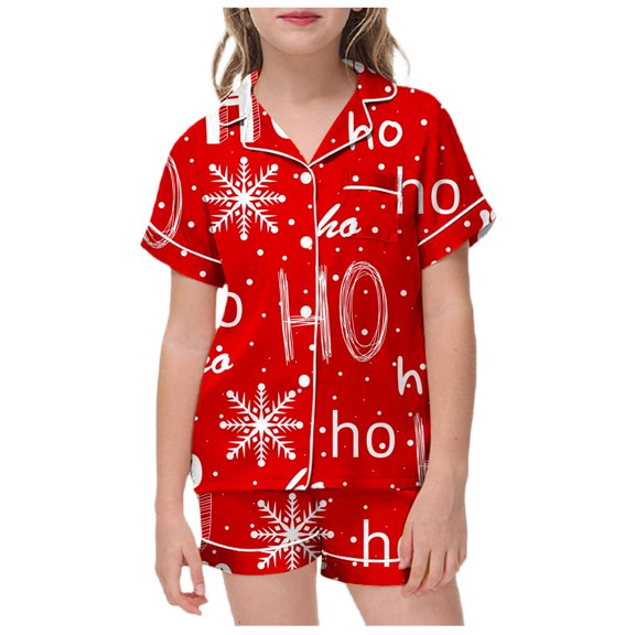RUTAYY Girls Christmas Pajama Set Snowflake Letter Print Short Sleeve 2 Piece Set Children Sleepwear, Red